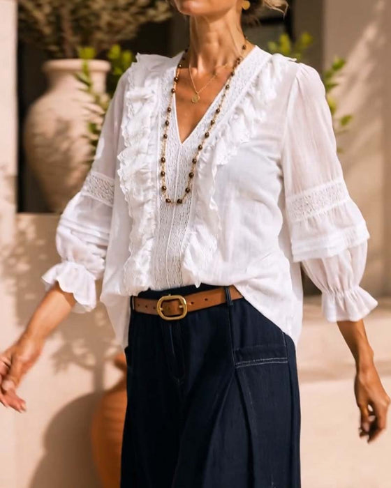 Bluse V-Hals Enfarvet Blonder
