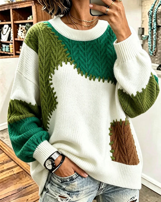 Pullover Rund Hals Kontrasterende Skrå Skulder Patchwork