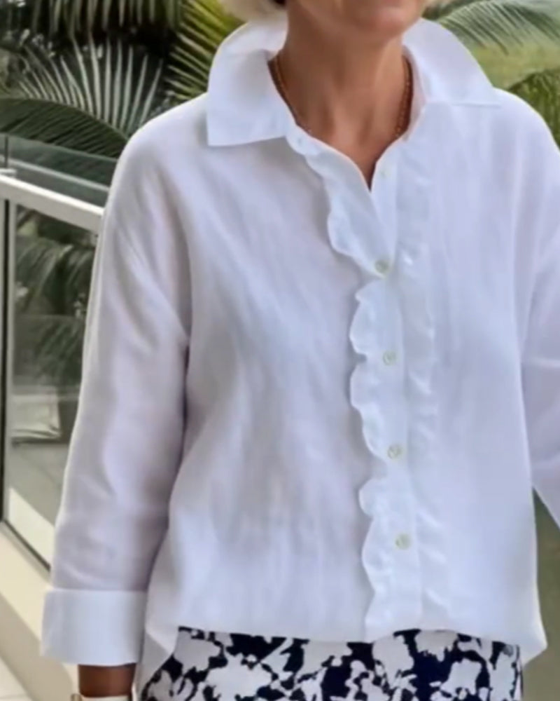 Bluse Rynket Langærmet Ensfarvet Krave