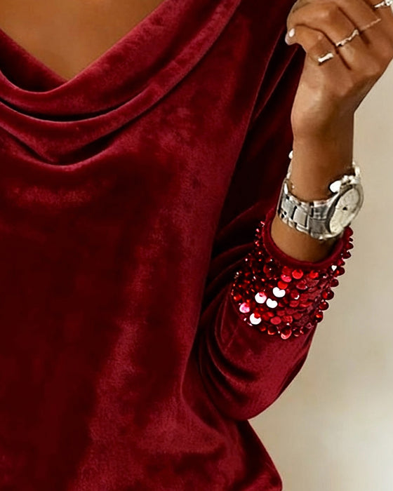 Top Med Draperet Krave I Fløjl Med Pailletter