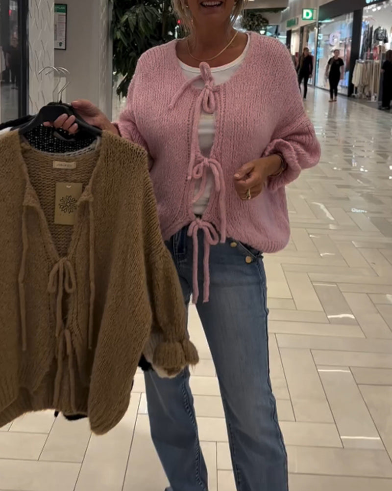 Ensfarvet strik cardigan med snøre