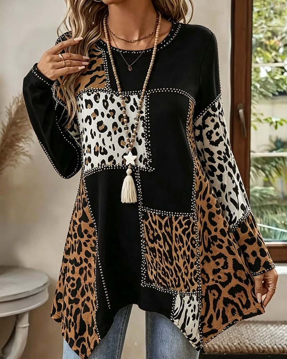 Bluse Leopard Tryk Patchwork Uregelmæssig