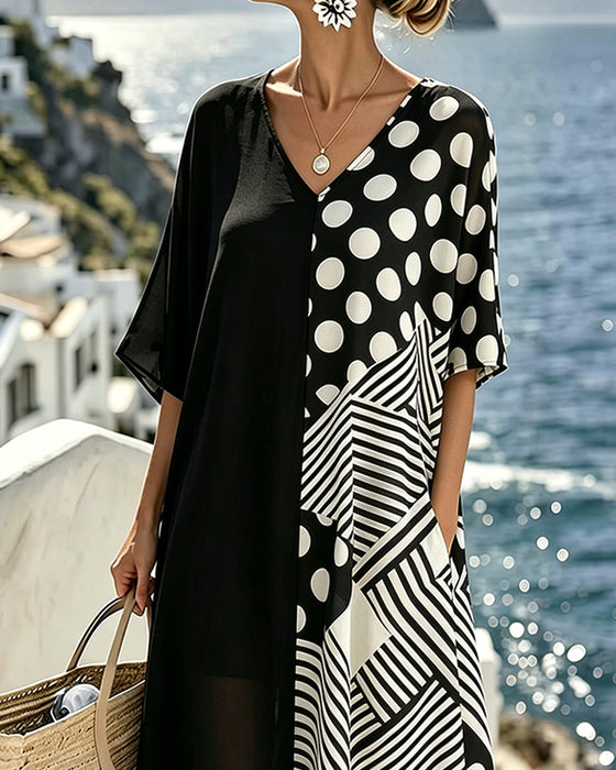 Kjole V-Hals Polka Dot Stribe Patchwork