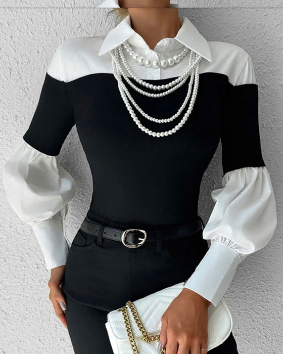 Top Farveblok Off-Shoulder Lanterne Ærme Patchwork