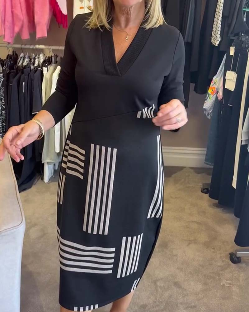 Kjole Geometrisk Stribe V-Hals Bodycon Midi