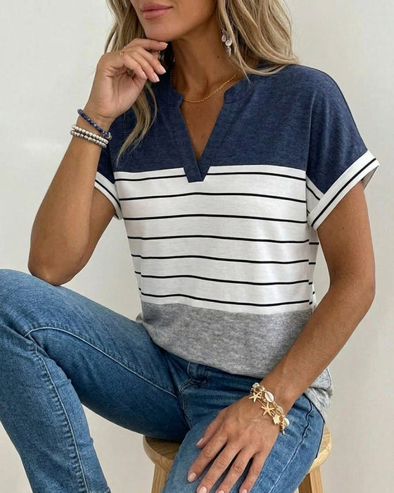 T-Shirt V-Hals Kontrast Stribe