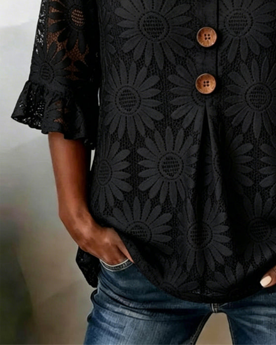 Bluse Med Rynket Tusindfrydmønster Og Rynkeærmer