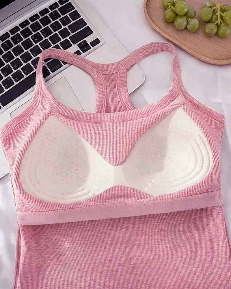 Tanktop Indbygget Bh Ribstrikket Ensfarvet