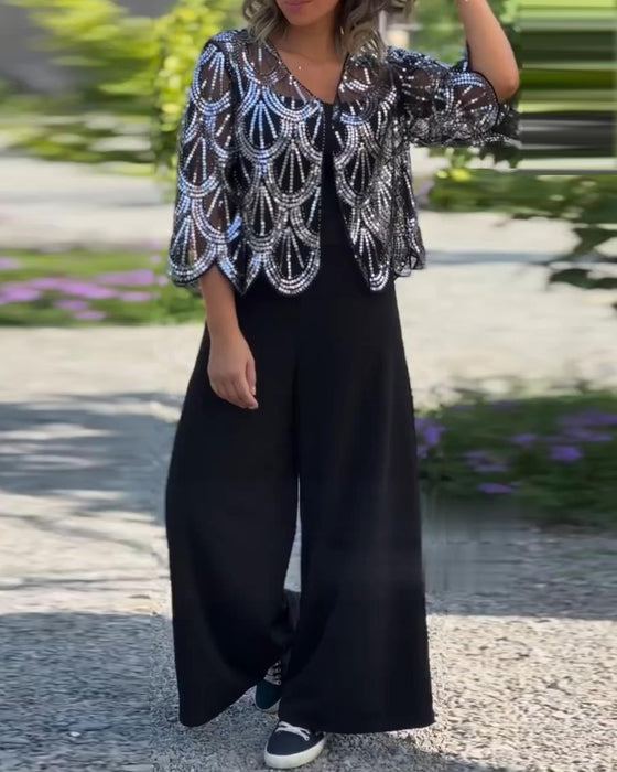 Elegant gennemsigtig sportscoat med pailletter og bølgekanter