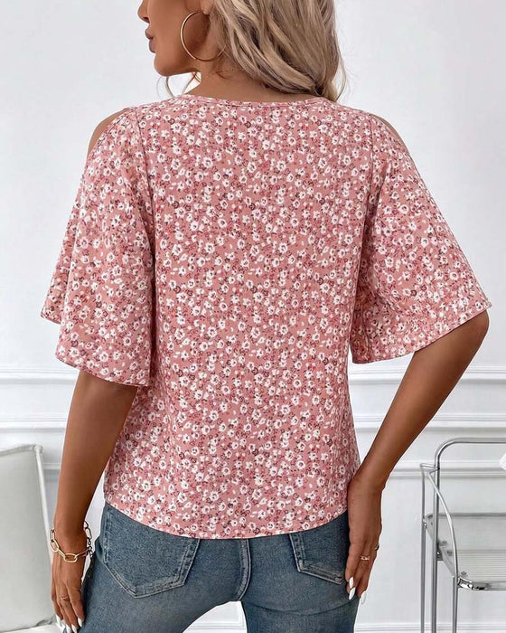 Bluse V-Hals Blomstrende Off-Shoulder Flutter Ærme