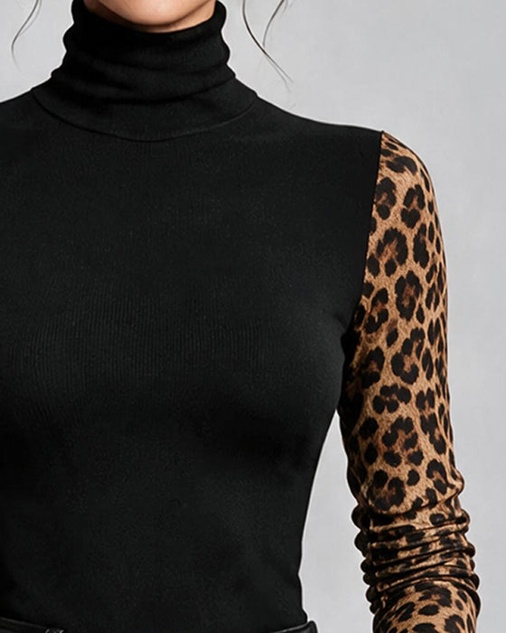 Top Leopardmønster Sammensat Høj Hals Slimfit
