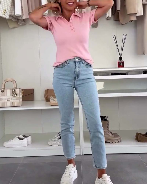 T-Shirt Reverspoloskjorte Ensfarvet Slim Fit