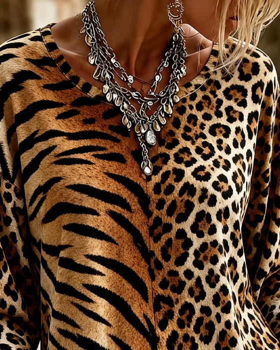 Top V-Hals Leopard Tiger-Tryk Puff-Ærme