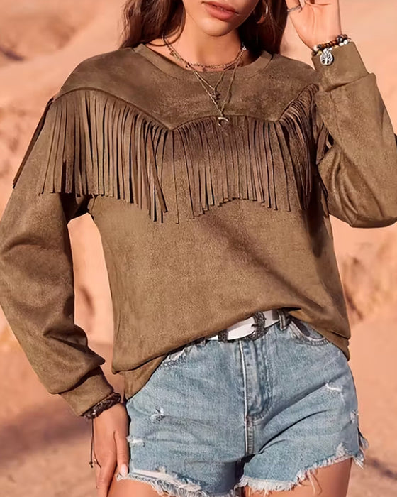 Langærmet Top I Enfarvet Med Crewneck