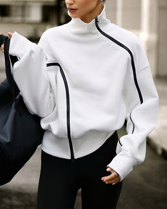 Sweatshirt Mock Hals Lynlås Drop Skulder Afslappet