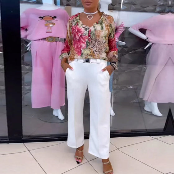 Bluse Med V-Hals Blomsterprint