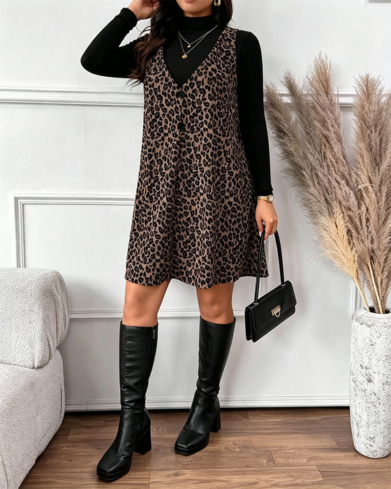 Sæt Turtleneck Slim Fit Leopardmønster Hængeskørt