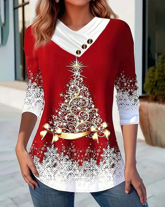 Top Med Asymmetrisk Krage, Knapdetalj Och Julgranmønster