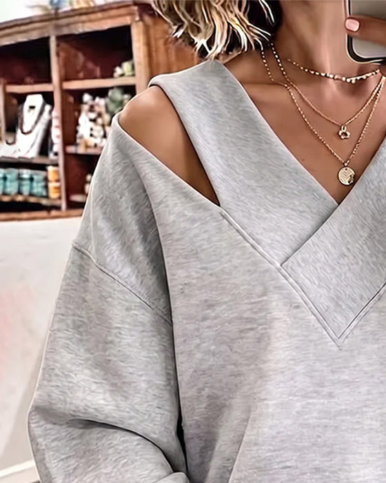 Sweatshirt V-Hals Fri Skulder Asymmetrisk Slids