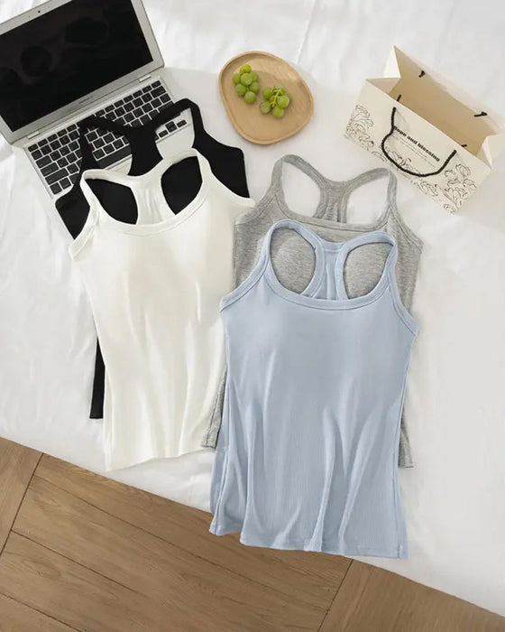 Tanktop Indbygget Bh Ribstrikket Ensfarvet