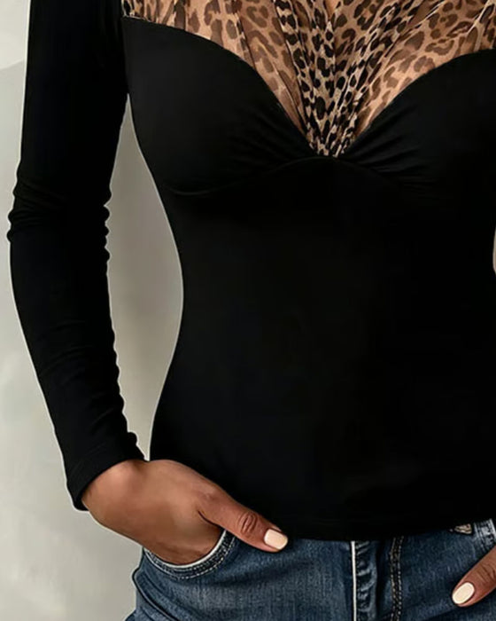 Top Leopard Mesh Patchwork V-Hals Tætsiddende