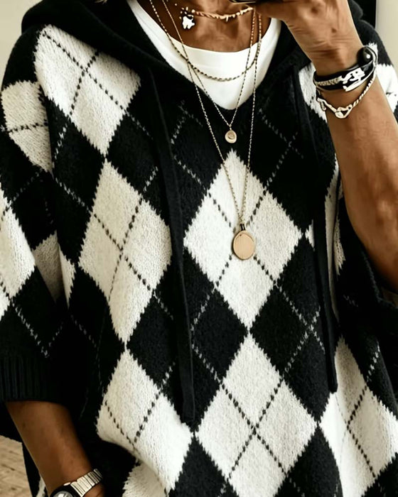 Pullover Plaid Hætte Tre-Kvart Ærme