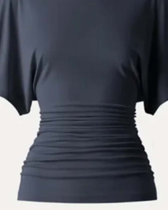 Bluse Casual Ensfarvet Plisseret Kort Ærme