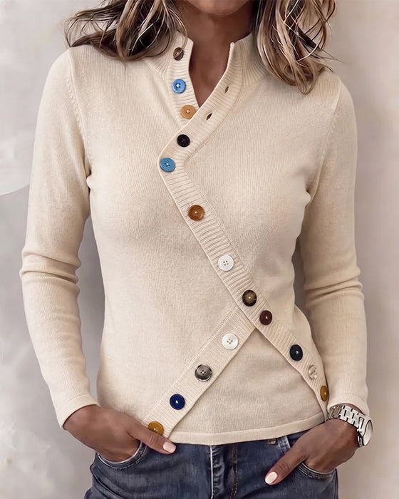 Pullover Mandarin Krave Farveblok Asymmetrisk Knap