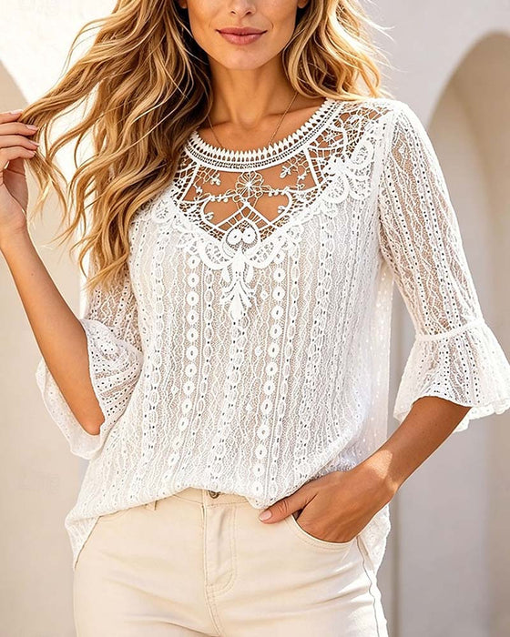 Bluse Rundhalset Hollow Out Blonder Patchwork
