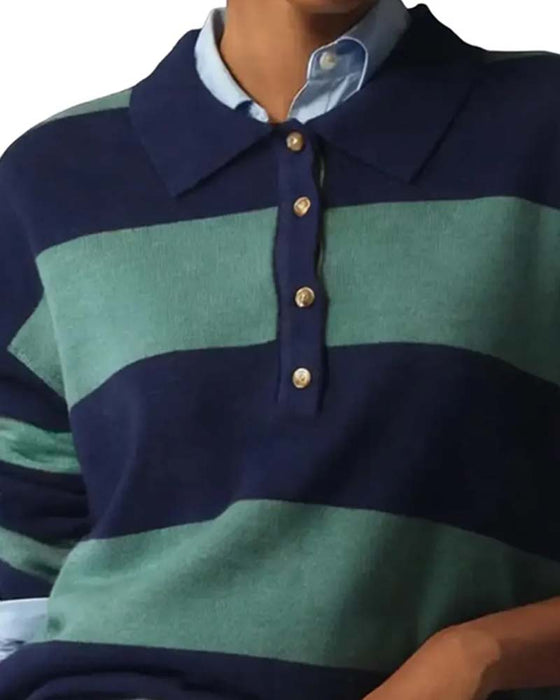Pullover Med Bred Stribet Knappet Krave