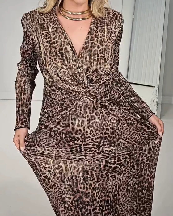 Kjole V-Hals Kryds Leopardprint Rynket