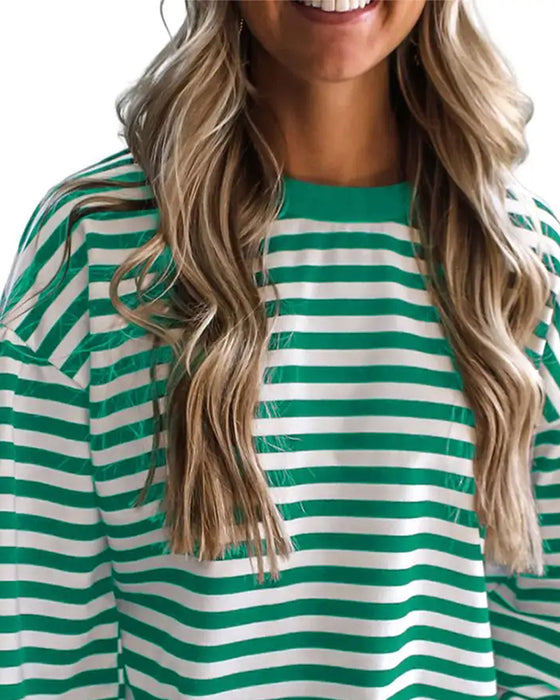 Bluse Rund Hals Drop Skulder Stribe Udskæring