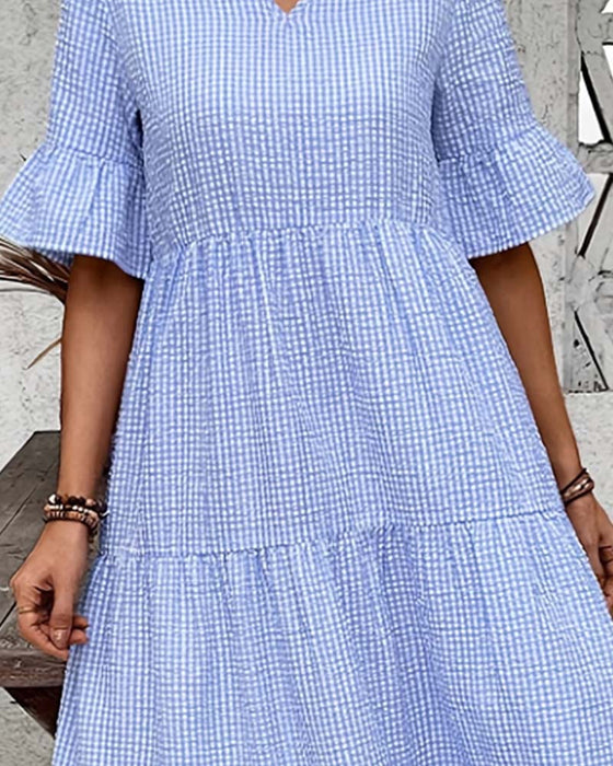 Kjole Blå Hvid Gingham V-Hals