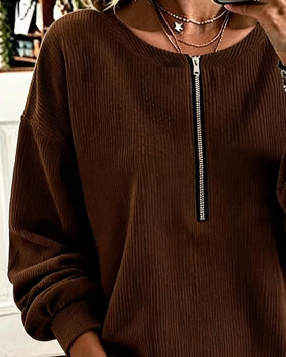 Sweatshirt Rund Hals Lynlås Stribet Drop Skulder