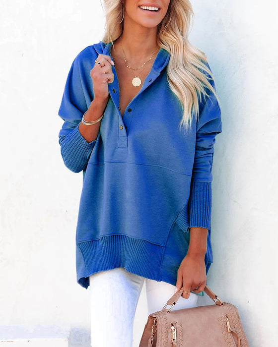 Sweatshirt afslappet v-hals hætte ensfarvet løs