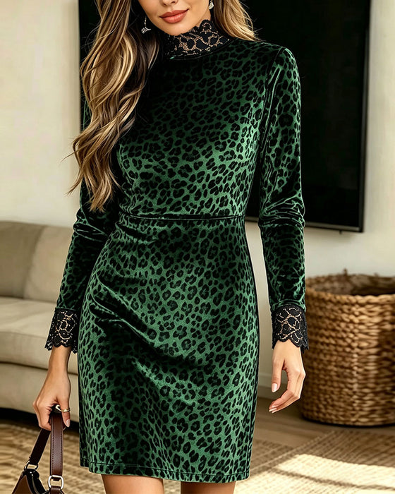 Kjole Turtleneck Leopard Patchwork Casual
