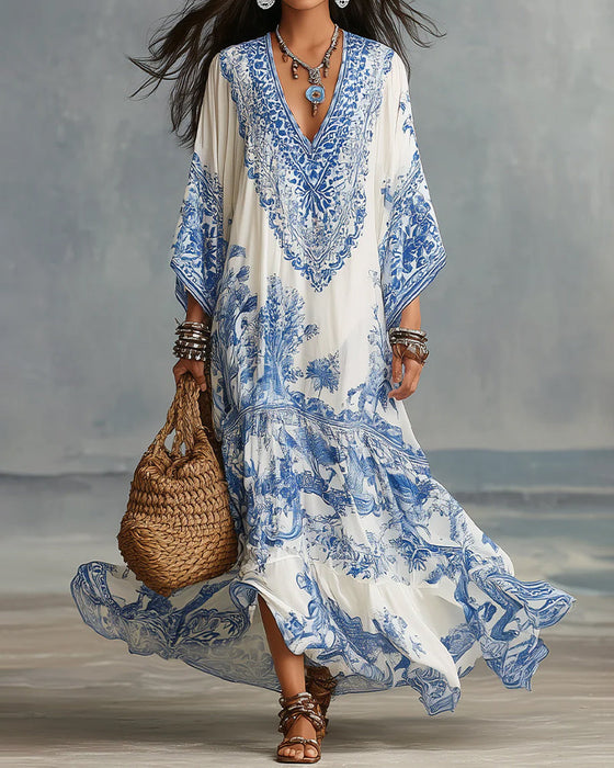 Kjole V-Hals Bohemian Udvidet Asymmetrisk