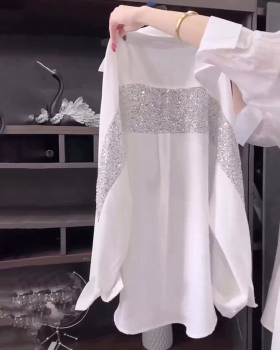 Revers-Paillet-Langærmet Bluse