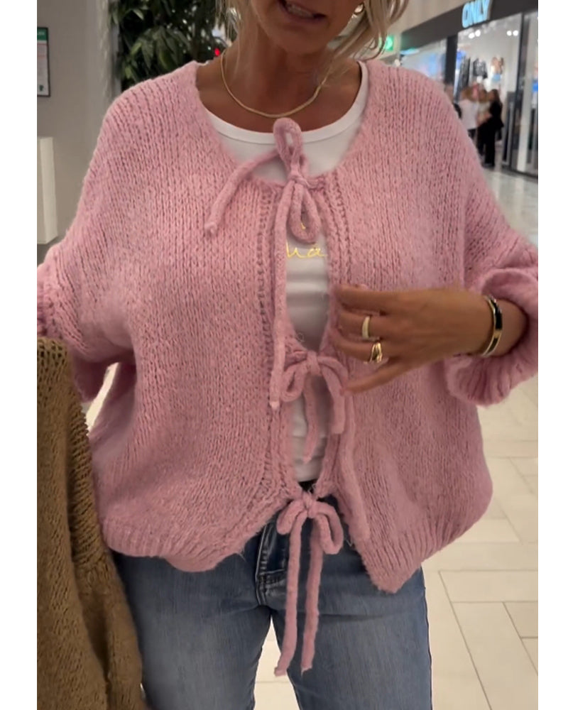 Ensfarvet strik cardigan med snøre