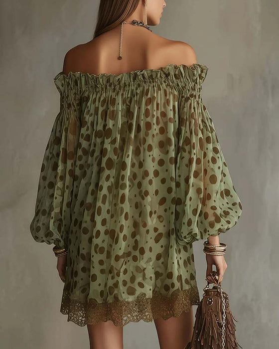 Kjole Leopardmønster Off-Shoulder Blonder Patchwork