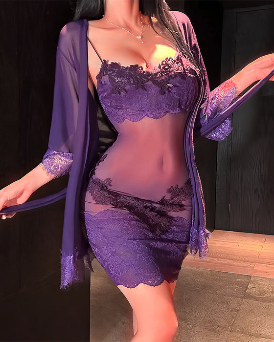 Natkjole-Sæt Ensfarvet Rynket