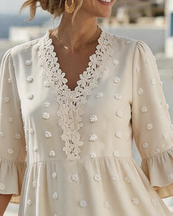 Kjole V-hals Blonder Patchwork