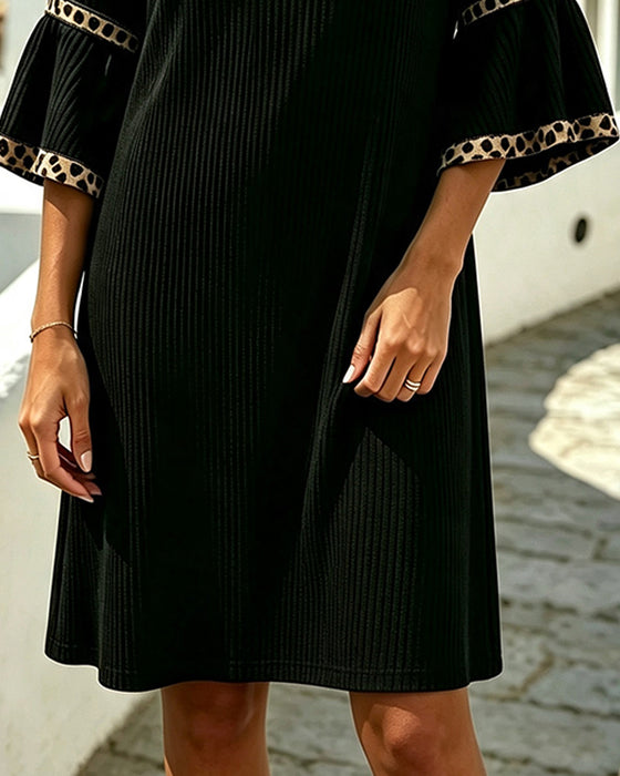Kjole Flare Ærme Ribbet Leopard