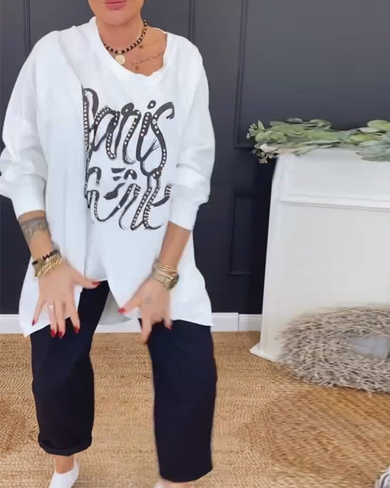 Top Rund Hals Uregelmæssig Bogstavtryk