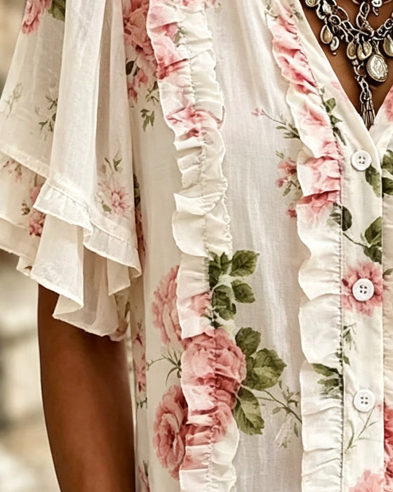 Bluse Floralt Rynket Dobbeltlaget Kant