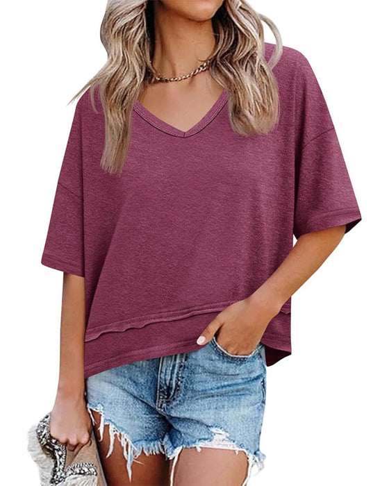 Bluse Ensfarvet V-Udskæring Patchwork Kant