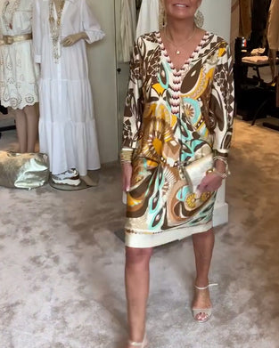 V-halset afslappet kjole med retroprint