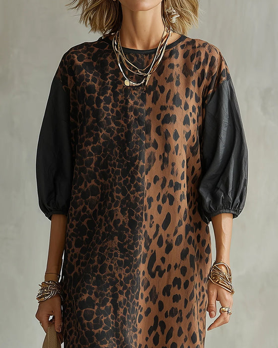 Kjole Leopard Print Farveblok Puf Ærme