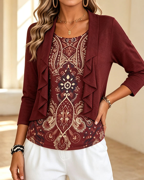 Bluse Imitation Todelt Ruffle Tryk