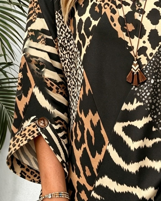 Bluse Rundhalset Knap Leopard Rynket